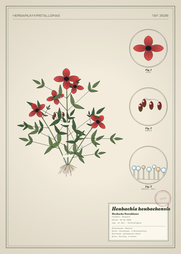 Botanische Tafel: Heubachia heubachensis, eine erfundene Pflanze aus Heubach, gezeichnet wie in einem alten Pflanzenatlas