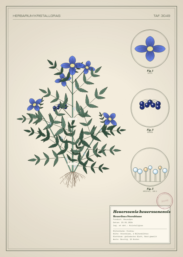 Botanische Tafel: Heuerssenia heuerssenensis, eine erfundene Pflanze aus Heuerßen, gezeichnet wie in einem alten Pflanzenatlas