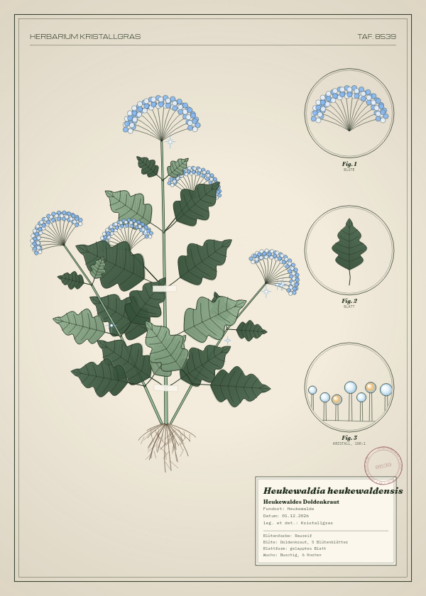 Botanische Tafel: Heukewaldia heukewaldensis, eine erfundene Pflanze aus Heukewalde, gezeichnet wie in einem alten Pflanzenatlas