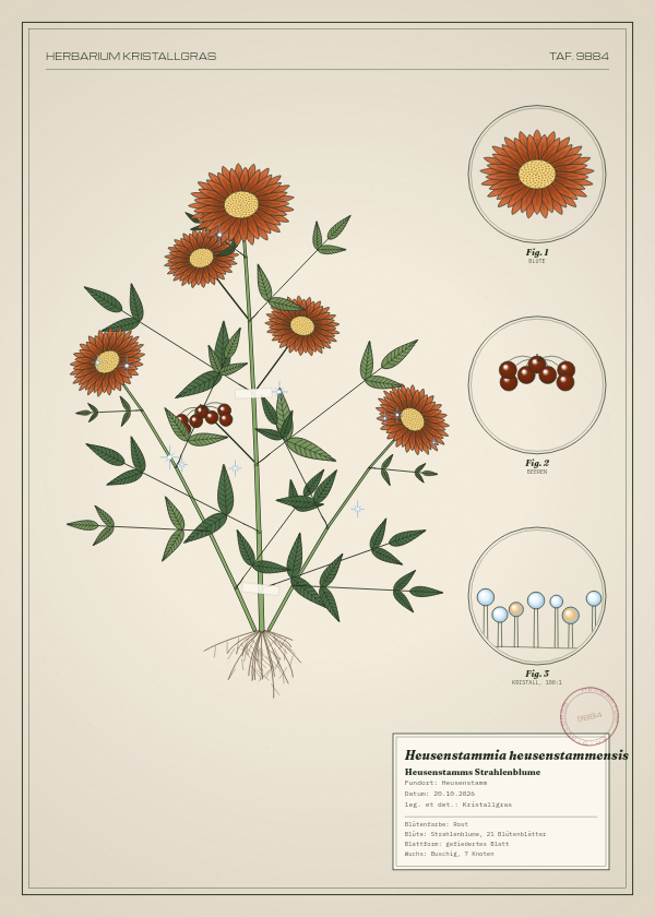 Botanische Tafel: Heusenstammia heusenstammensis, eine erfundene Pflanze aus Heusenstamm, gezeichnet wie in einem alten Pflanzenatlas