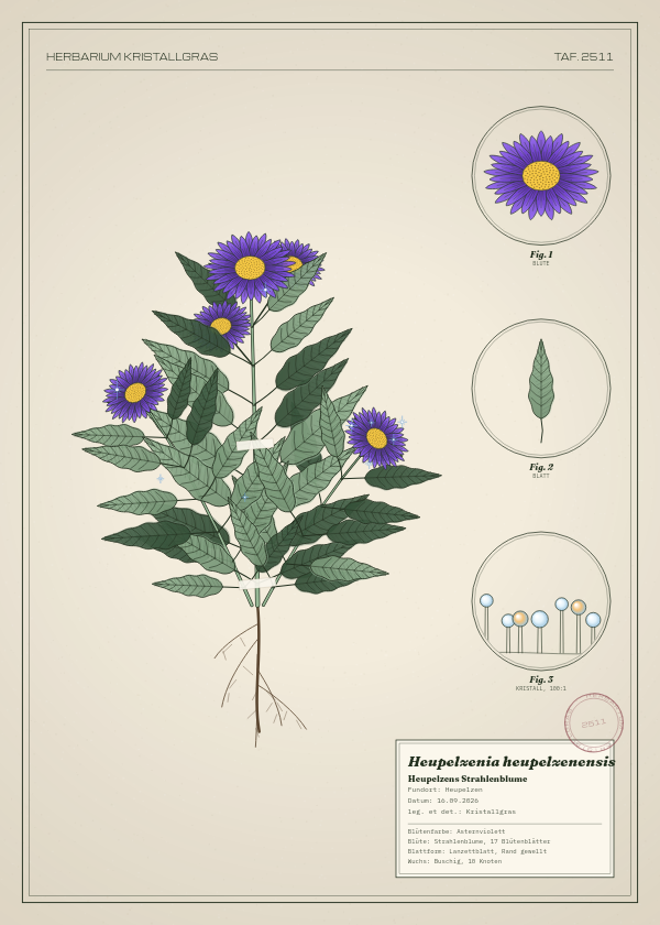 Botanische Tafel: Heupelzenia heupelzenensis, eine erfundene Pflanze aus Heupelzen, gezeichnet wie in einem alten Pflanzenatlas