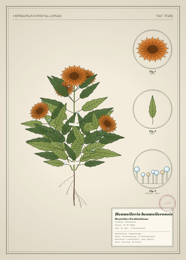 Botanische Tafel: Heuweileria heuweilerensis, eine erfundene Pflanze aus Heuweiler, gezeichnet wie in einem alten Pflanzenatlas