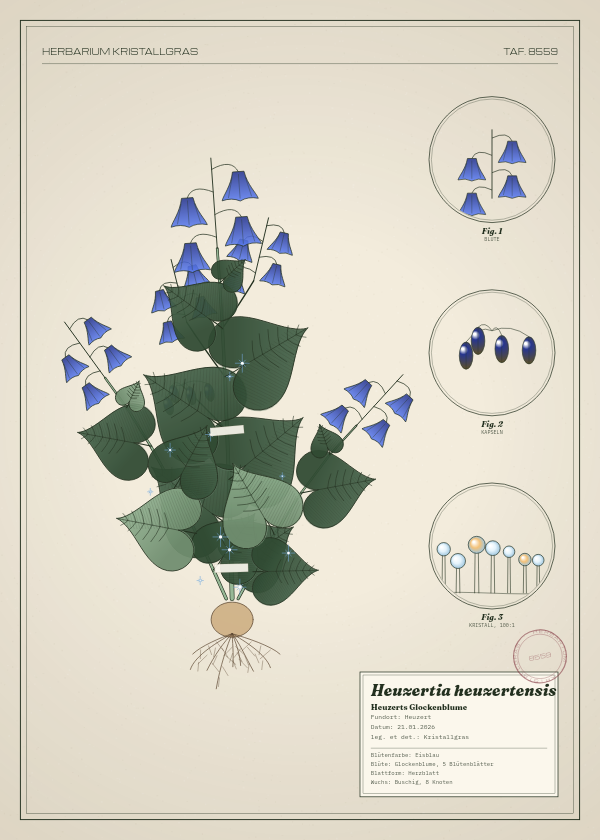 Botanische Tafel: Heuzertia heuzertensis, eine erfundene Pflanze aus Heuzert, gezeichnet wie in einem alten Pflanzenatlas