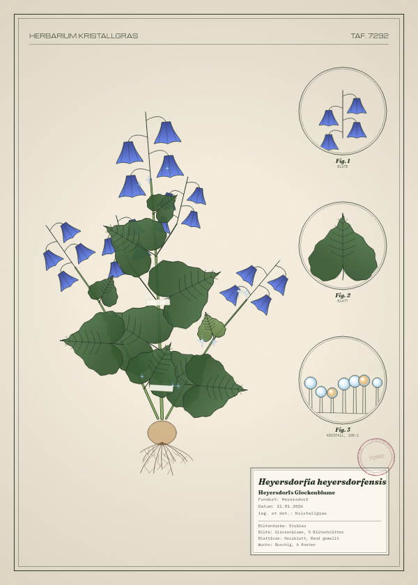 Botanische Tafel: Heyersdorfia heyersdorfensis, eine erfundene Pflanze aus Heyersdorf, gezeichnet wie in einem alten Pflanzenatlas