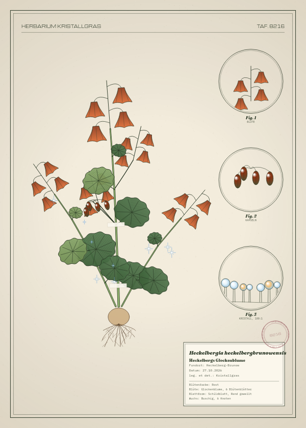 Botanische Tafel: Heckelbergia heckelbergbrunowensis, eine erfundene Pflanze aus Heckelberg-Brunow, gezeichnet wie in einem alten Pflanzenatlas
