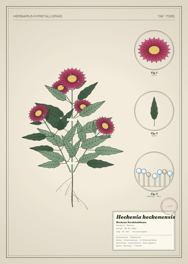 Botanische Tafel: Heckenia heckenensis, eine erfundene Pflanze aus Hecken, gezeichnet wie in einem alten Pflanzenatlas