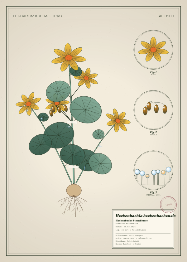 Botanische Tafel: Heckenbachia heckenbachensis, eine erfundene Pflanze aus Heckenbach, gezeichnet wie in einem alten Pflanzenatlas