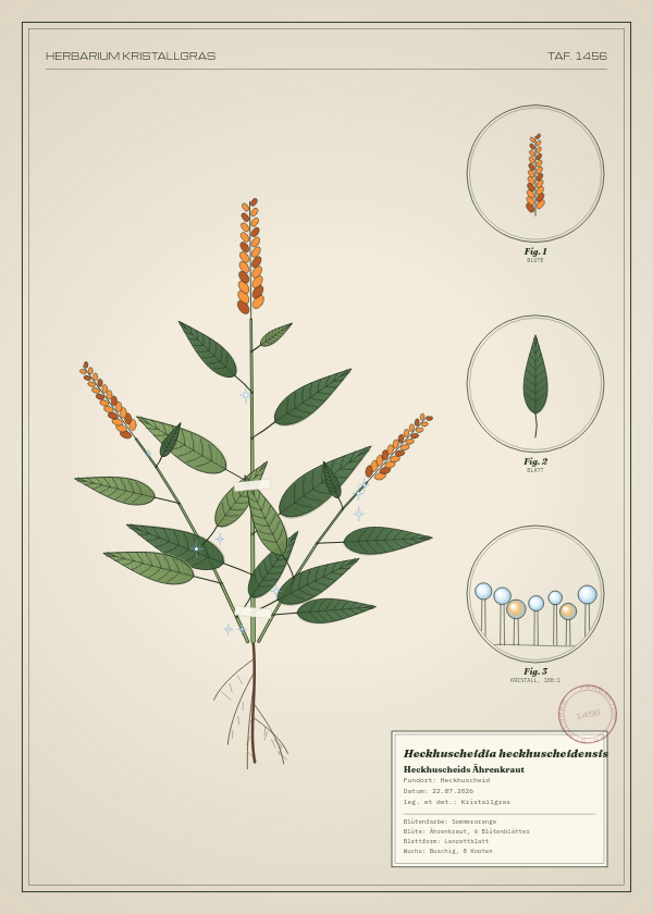 Botanische Tafel: Heckhuscheidia heckhuscheidensis, eine erfundene Pflanze aus Heckhuscheid, gezeichnet wie in einem alten Pflanzenatlas