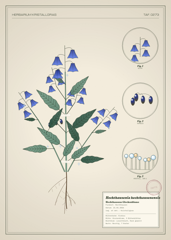 Botanische Tafel: Hechthausenia hechthausenensis, eine erfundene Pflanze aus Hechthausen, gezeichnet wie in einem alten Pflanzenatlas