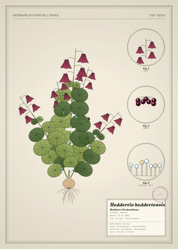 Botanische Tafel: Heddertia heddertensis, eine erfundene Pflanze aus Heddert, gezeichnet wie in einem alten Pflanzenatlas