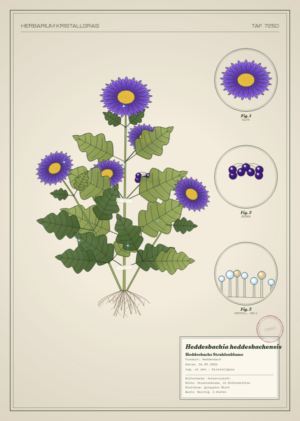 Botanische Tafel: Heddesbachia heddesbachensis, eine erfundene Pflanze aus Heddesbach, gezeichnet wie in einem alten Pflanzenatlas