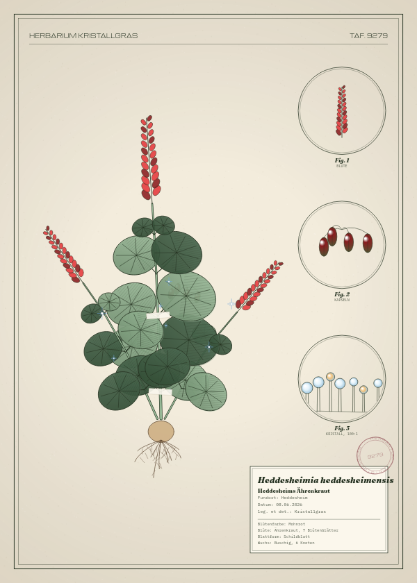 Botanische Tafel: Heddesheimia heddesheimensis, eine erfundene Pflanze aus Heddesheim, gezeichnet wie in einem alten Pflanzenatlas