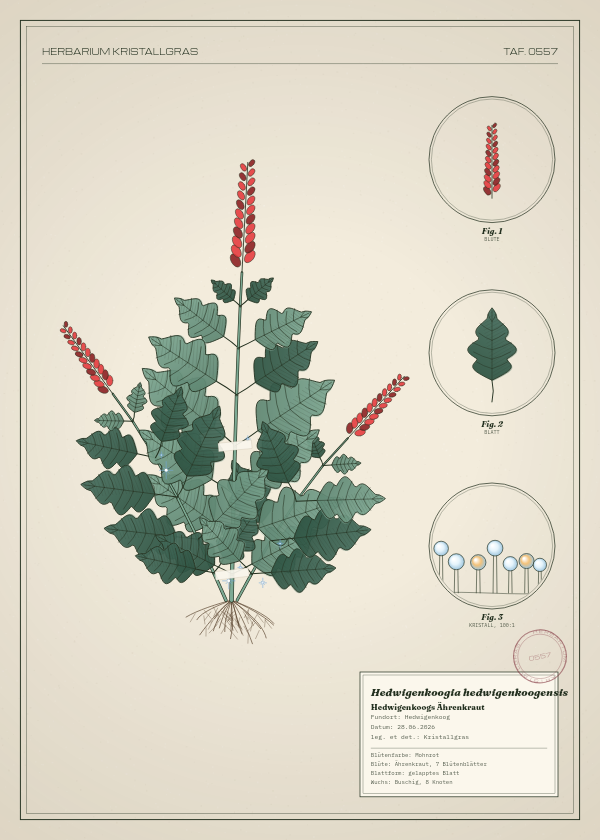 Botanische Tafel: Hedwigenkoogia hedwigenkoogensis, eine erfundene Pflanze aus Hedwigenkoog, gezeichnet wie in einem alten Pflanzenatlas