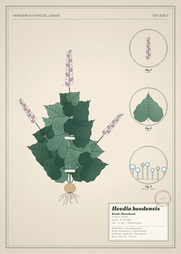 Botanische Tafel: Heedia heedensis, eine erfundene Pflanze aus Heede, gezeichnet wie in einem alten Pflanzenatlas