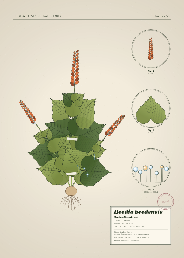 Botanische Tafel: Heedia heedensis, eine erfundene Pflanze aus Heede, gezeichnet wie in einem alten Pflanzenatlas