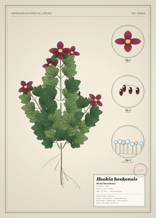 Botanische Tafel: Heekia heekensis, eine erfundene Pflanze aus Heek, gezeichnet wie in einem alten Pflanzenatlas