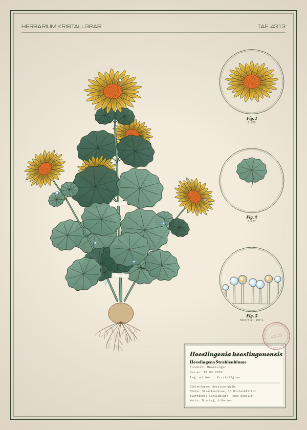 Botanische Tafel: Heeslingenia heeslingenensis, eine erfundene Pflanze aus Heeslingen, gezeichnet wie in einem alten Pflanzenatlas
