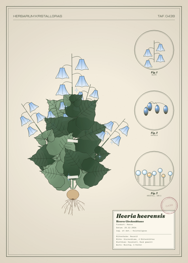 Botanische Tafel: Heeria heerensis, eine erfundene Pflanze aus Heere, gezeichnet wie in einem alten Pflanzenatlas