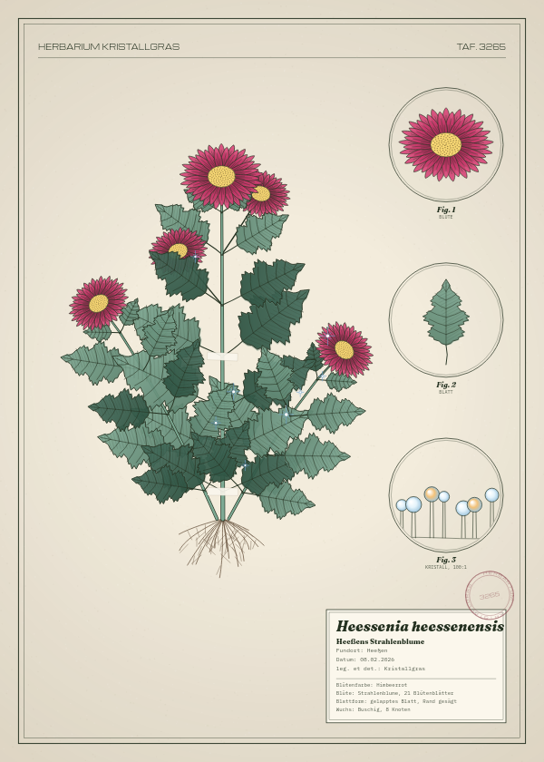 Botanische Tafel: Heessenia heessenensis, eine erfundene Pflanze aus Heeßen, gezeichnet wie in einem alten Pflanzenatlas
