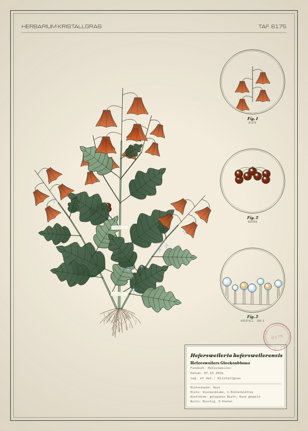 Botanische Tafel: Hefersweileria hefersweilerensis, eine erfundene Pflanze aus Hefersweiler, gezeichnet wie in einem alten Pflanzenatlas