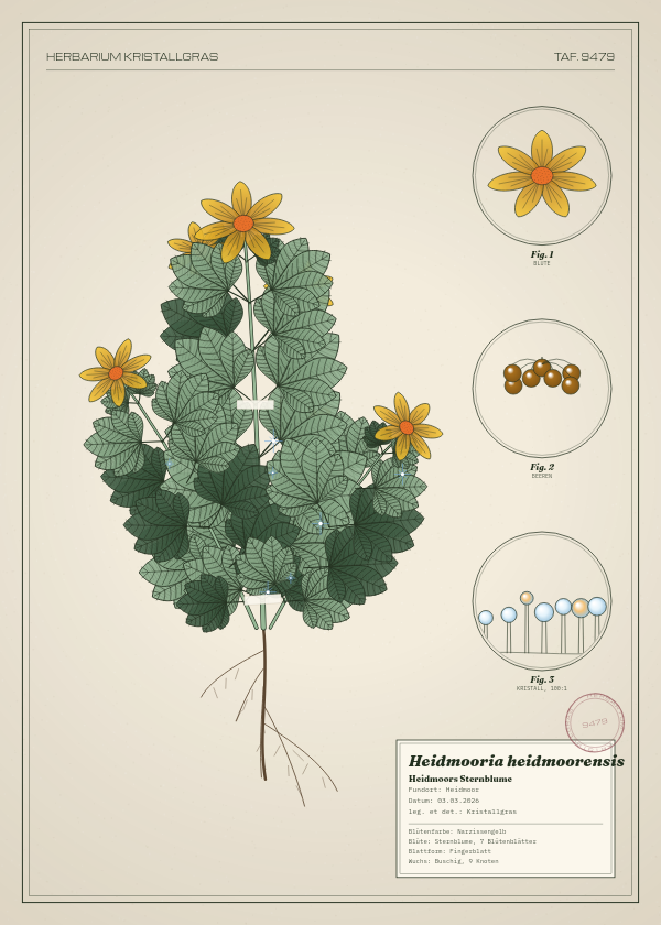 Botanische Tafel: Heidmooria heidmoorensis, eine erfundene Pflanze aus Heidmoor, gezeichnet wie in einem alten Pflanzenatlas