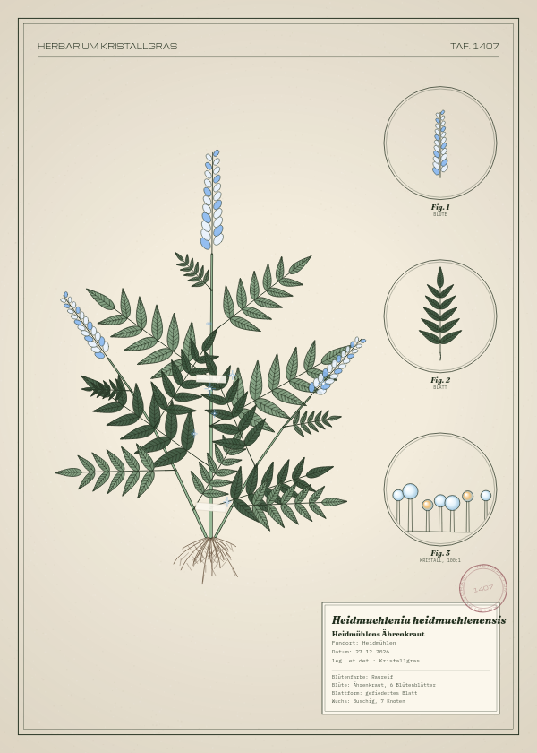 Botanische Tafel: Heidmuehlenia heidmuehlenensis, eine erfundene Pflanze aus Heidmühlen, gezeichnet wie in einem alten Pflanzenatlas
