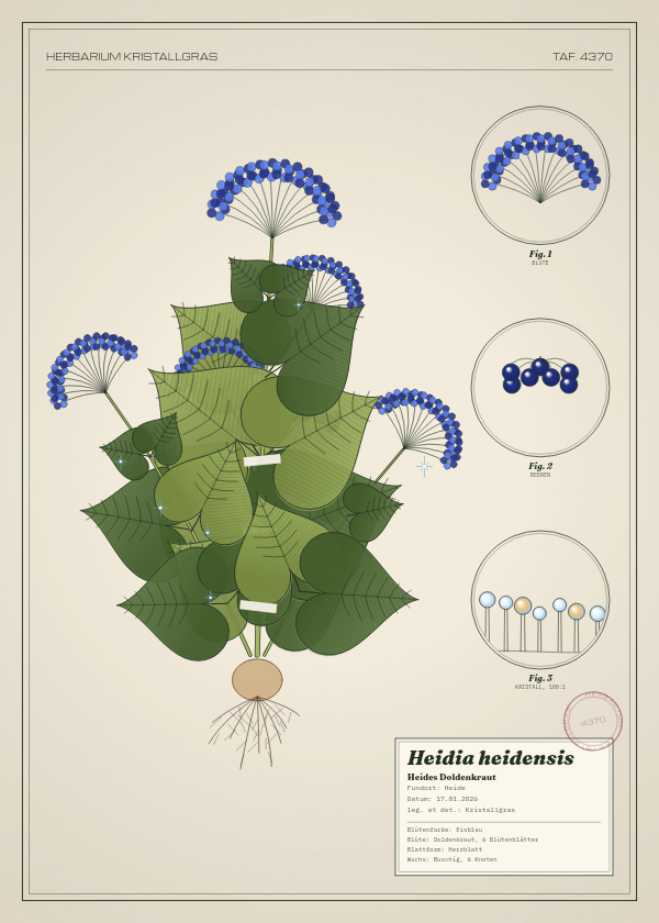 Botanische Tafel: Heidia heidensis, eine erfundene Pflanze aus Heide, gezeichnet wie in einem alten Pflanzenatlas
