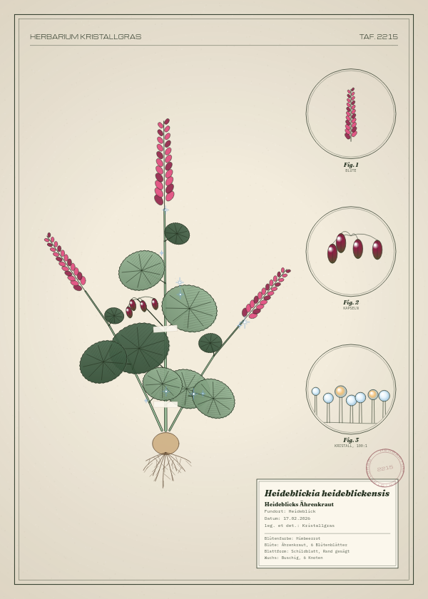 Botanische Tafel: Heideblickia heideblickensis, eine erfundene Pflanze aus Heideblick, gezeichnet wie in einem alten Pflanzenatlas