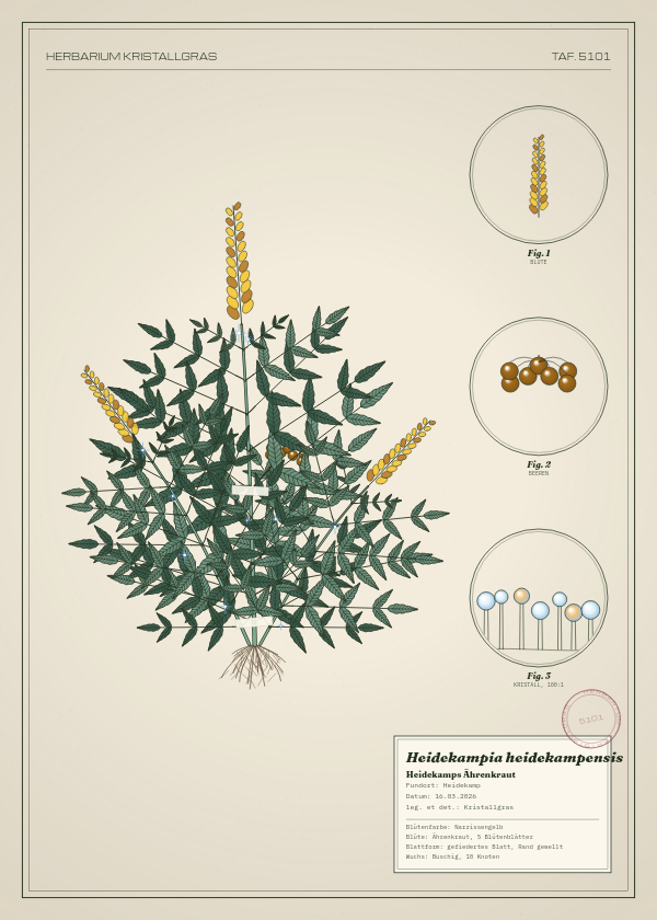 Botanische Tafel: Heidekampia heidekampensis, eine erfundene Pflanze aus Heidekamp, gezeichnet wie in einem alten Pflanzenatlas