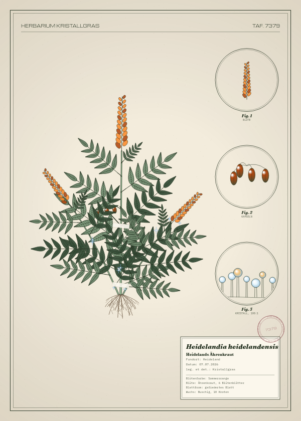 Botanische Tafel: Heidelandia heidelandensis, eine erfundene Pflanze aus Heideland, gezeichnet wie in einem alten Pflanzenatlas