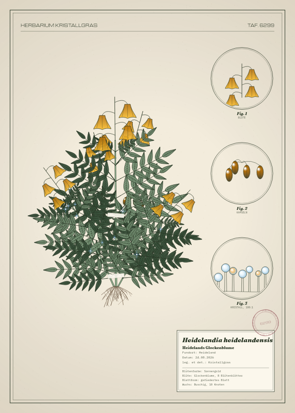 Botanische Tafel: Heidelandia heidelandensis, eine erfundene Pflanze aus Heideland, gezeichnet wie in einem alten Pflanzenatlas
