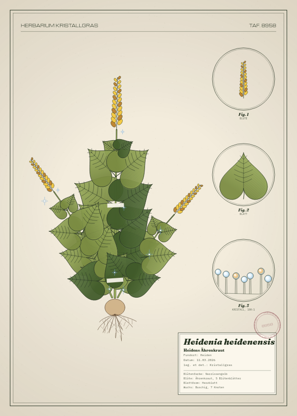 Botanische Tafel: Heidenia heidenensis, eine erfundene Pflanze aus Heiden, gezeichnet wie in einem alten Pflanzenatlas