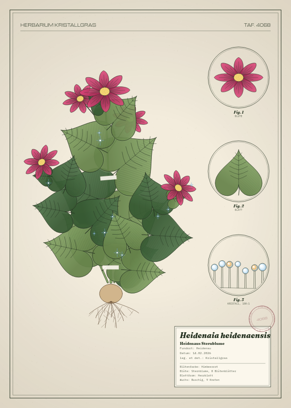 Botanische Tafel: Heidenaia heidenaensis, eine erfundene Pflanze aus Heidenau, gezeichnet wie in einem alten Pflanzenatlas