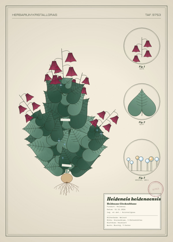 Botanische Tafel: Heidenaia heidenaensis, eine erfundene Pflanze aus Heidenau, gezeichnet wie in einem alten Pflanzenatlas