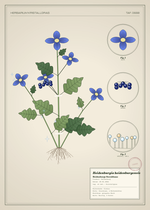 Botanische Tafel: Heidenburgia heidenburgensis, eine erfundene Pflanze aus Heidenburg, gezeichnet wie in einem alten Pflanzenatlas