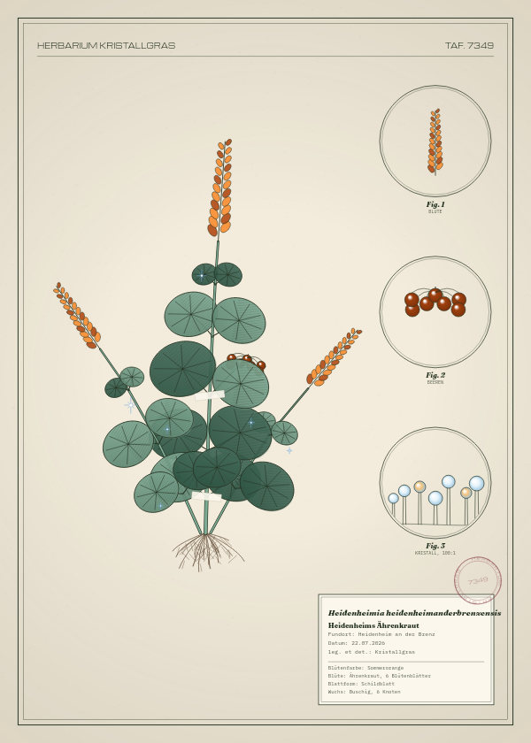 Botanische Tafel: Heidenheimia heidenheimanderbrenzensis, eine erfundene Pflanze aus Heidenheim an der Brenz, gezeichnet wie in einem alten Pflanzenatlas