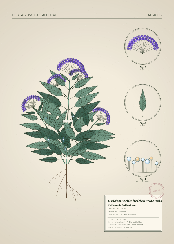 Botanische Tafel: Heidenrodia heidenrodensis, eine erfundene Pflanze aus Heidenrod, gezeichnet wie in einem alten Pflanzenatlas