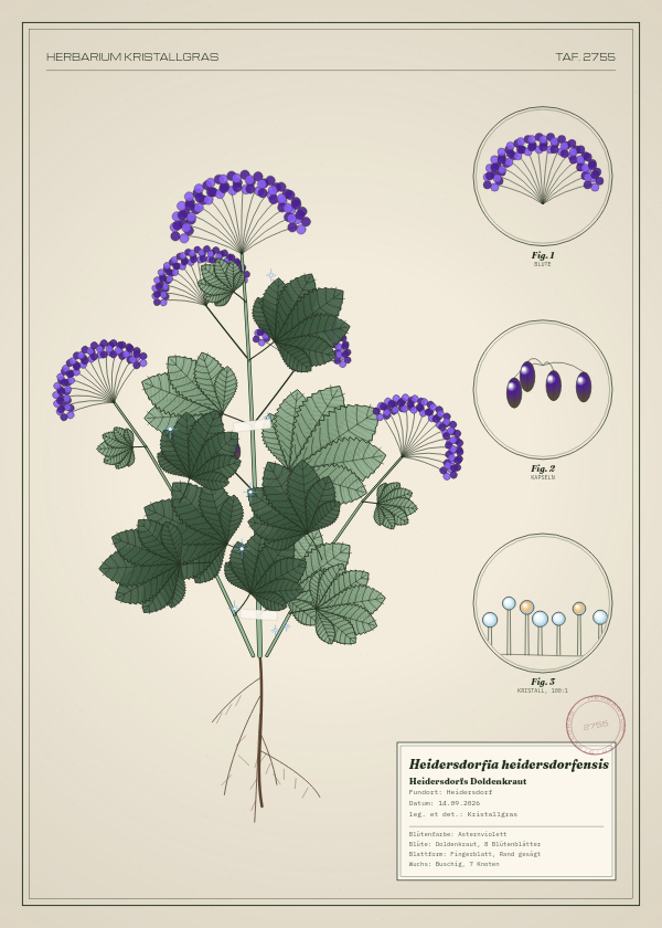 Botanische Tafel: Heidersdorfia heidersdorfensis, eine erfundene Pflanze aus Heidersdorf, gezeichnet wie in einem alten Pflanzenatlas