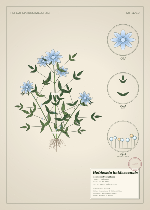 Botanische Tafel: Heideseia heideseensis, eine erfundene Pflanze aus Heidesee, gezeichnet wie in einem alten Pflanzenatlas