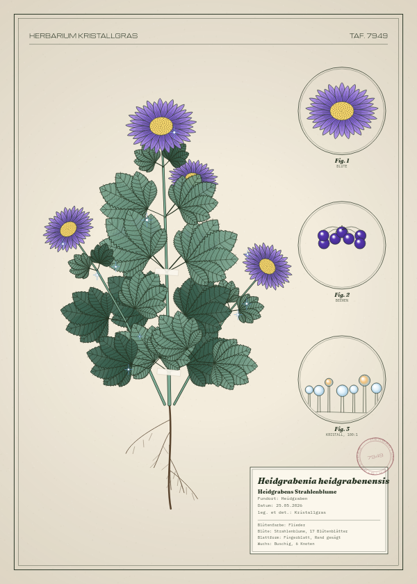 Botanische Tafel: Heidgrabenia heidgrabenensis, eine erfundene Pflanze aus Heidgraben, gezeichnet wie in einem alten Pflanzenatlas