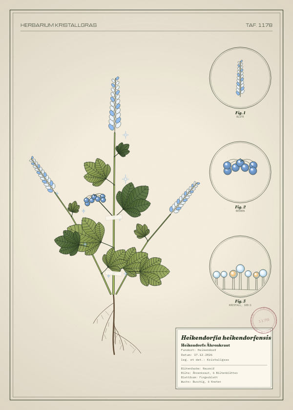Botanische Tafel: Heikendorfia heikendorfensis, eine erfundene Pflanze aus Heikendorf, gezeichnet wie in einem alten Pflanzenatlas
