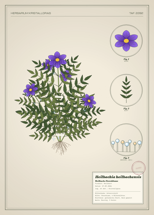 Botanische Tafel: Heilbachia heilbachensis, eine erfundene Pflanze aus Heilbach, gezeichnet wie in einem alten Pflanzenatlas