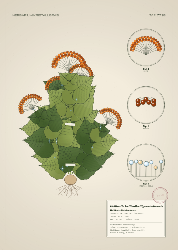 Botanische Tafel: Heilbadia heilbadheiligenstadtensis, eine erfundene Pflanze aus Heilbad Heiligenstadt, gezeichnet wie in einem alten Pflanzenatlas