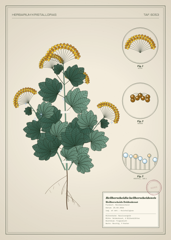 Botanische Tafel: Heilberscheidia heilberscheidensis, eine erfundene Pflanze aus Heilberscheid, gezeichnet wie in einem alten Pflanzenatlas