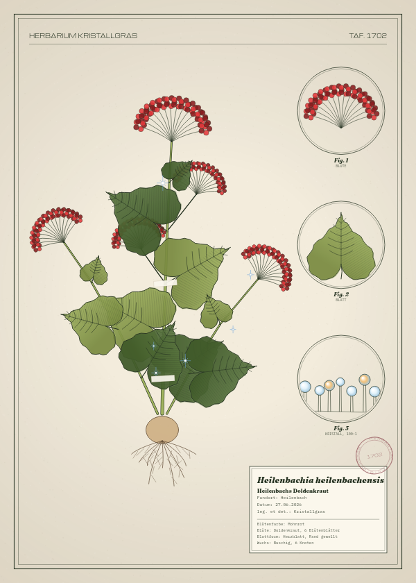 Botanische Tafel: Heilenbachia heilenbachensis, eine erfundene Pflanze aus Heilenbach, gezeichnet wie in einem alten Pflanzenatlas