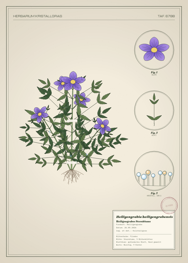 Botanische Tafel: Heiligengrabia heiligengrabensis, eine erfundene Pflanze aus Heiligengrabe, gezeichnet wie in einem alten Pflanzenatlas