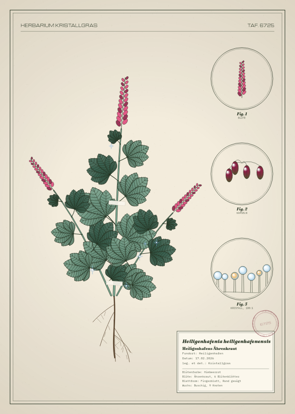 Botanische Tafel: Heiligenhafenia heiligenhafenensis, eine erfundene Pflanze aus Heiligenhafen, gezeichnet wie in einem alten Pflanzenatlas