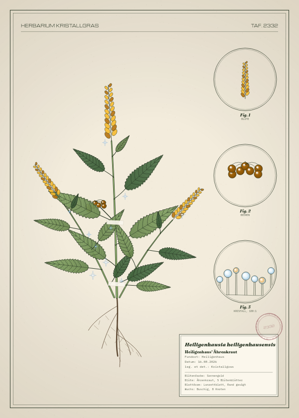 Botanische Tafel: Heiligenhausia heiligenhausensis, eine erfundene Pflanze aus Heiligenhaus, gezeichnet wie in einem alten Pflanzenatlas