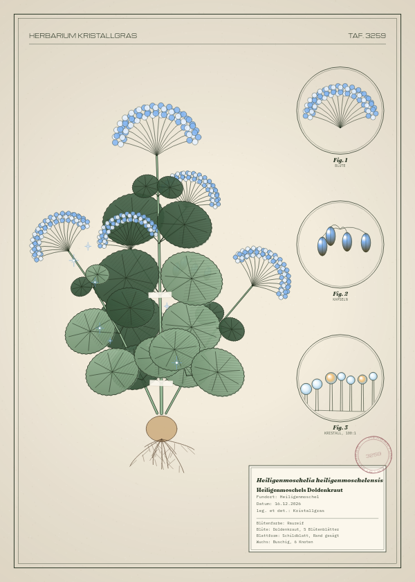 Botanische Tafel: Heiligenmoschelia heiligenmoschelensis, eine erfundene Pflanze aus Heiligenmoschel, gezeichnet wie in einem alten Pflanzenatlas