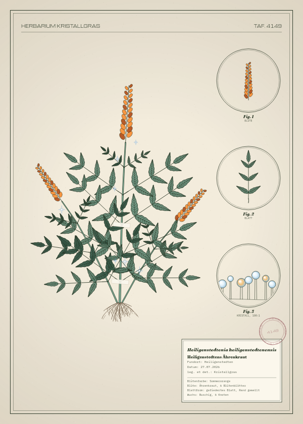 Botanische Tafel: Heiligenstedtenia heiligenstedtenensis, eine erfundene Pflanze aus Heiligenstedten, gezeichnet wie in einem alten Pflanzenatlas